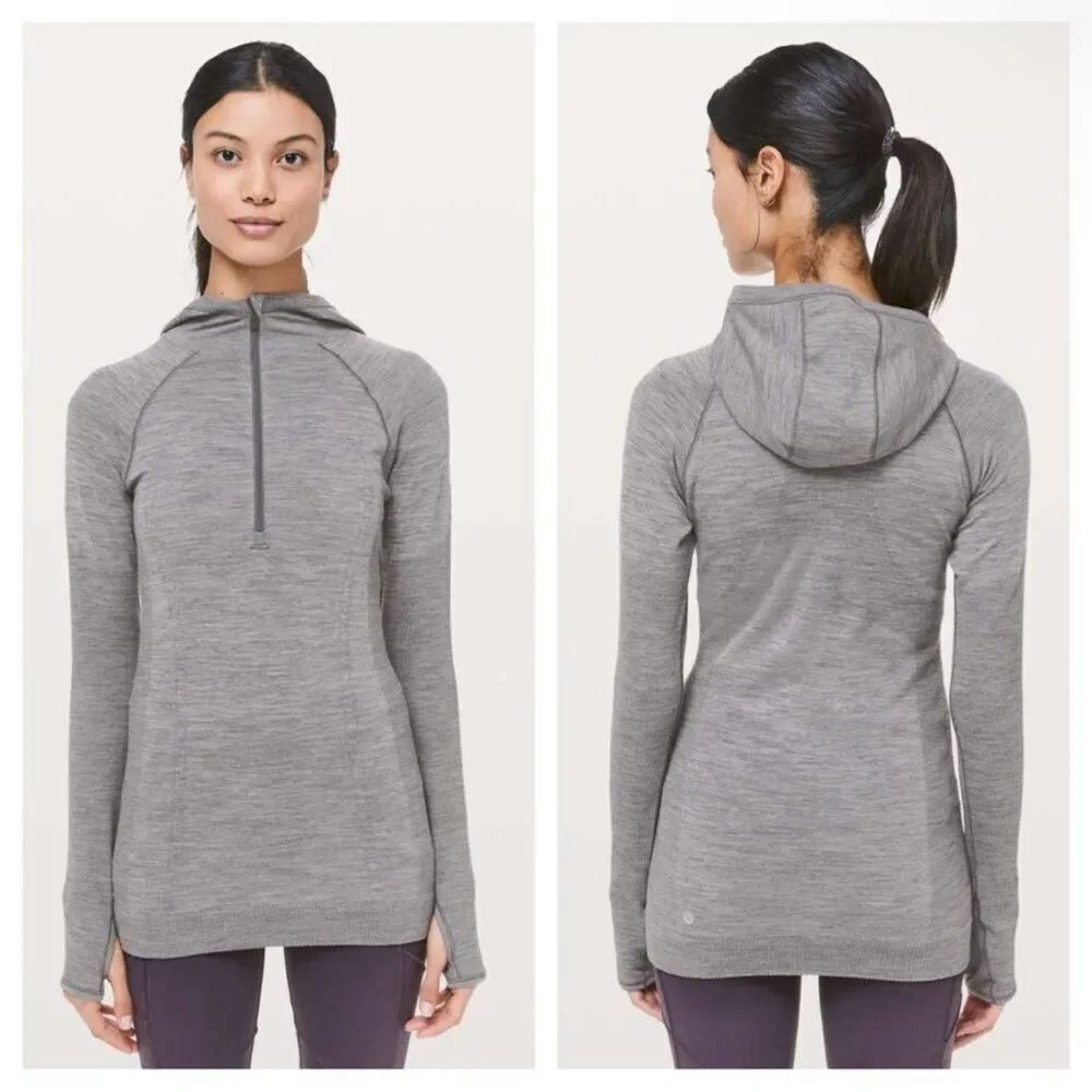 LULULEMON Swiftly Merino Wool 1/2 Zip Long Sleeve Hoodie Titanium Gray Size 10